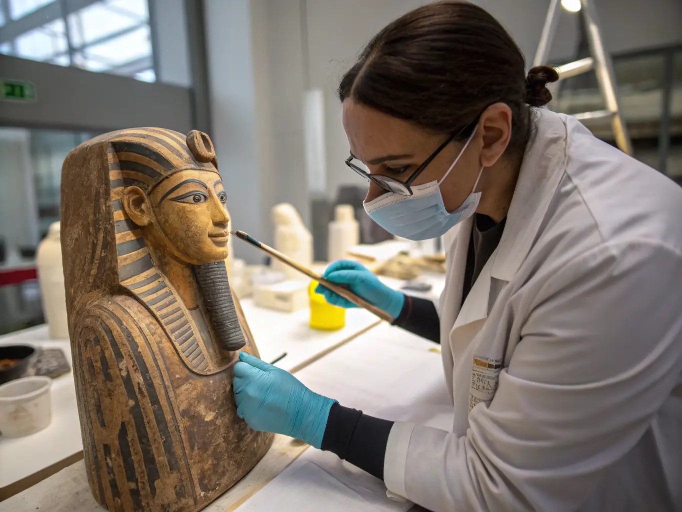A team of conservationists working on restoring ancient artifacts in a well-lit workshop, with historical site images in the background.