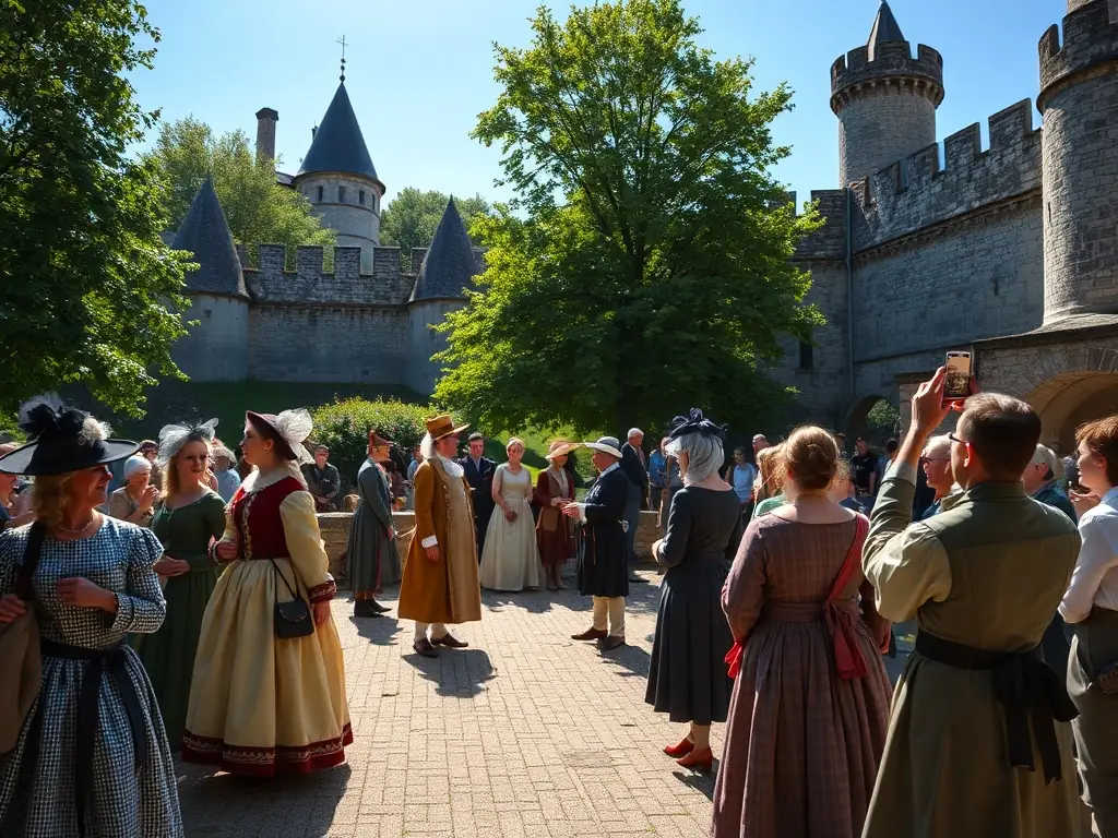 A guided tour group exploring Château de Rochefort, with historical reenactments and vibrant festival scenes.
